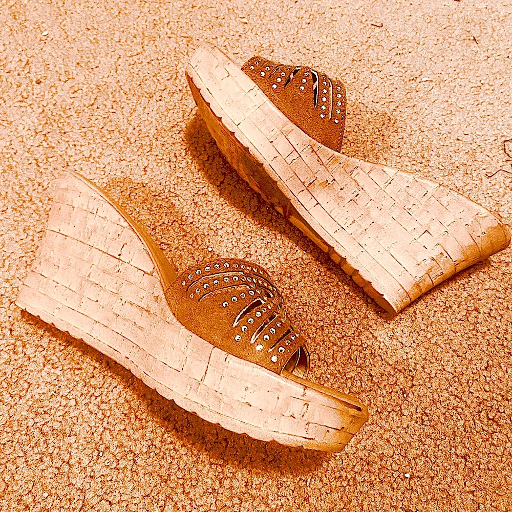 Italian Shoemakers Tan Cork Heel Sandals. Beautiful! Perfect shape! Like new.